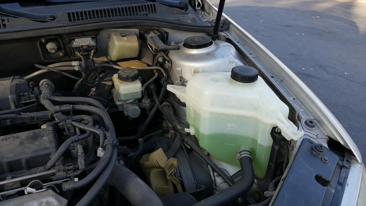 Coolant reservoir showing a level below the minimum mark in a parked car with a cold engine