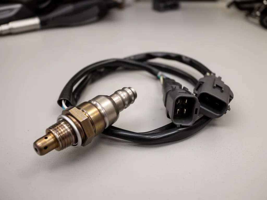 Replacement oxygen sensor with its attached wiring harness and electrical connector on a clean workbench