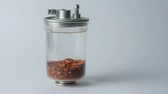 Fuel filter with reddish-brown particles visible inside a transparent housing