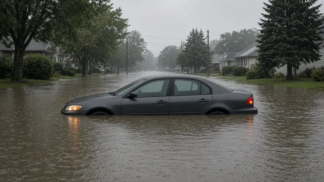 Sedan with hazard lights on, stalled in shallow floodwater on a rainy street