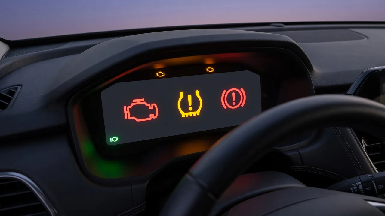 Luxury SUV instrument cluster lit with red, amber and green dashboard warning light symbols