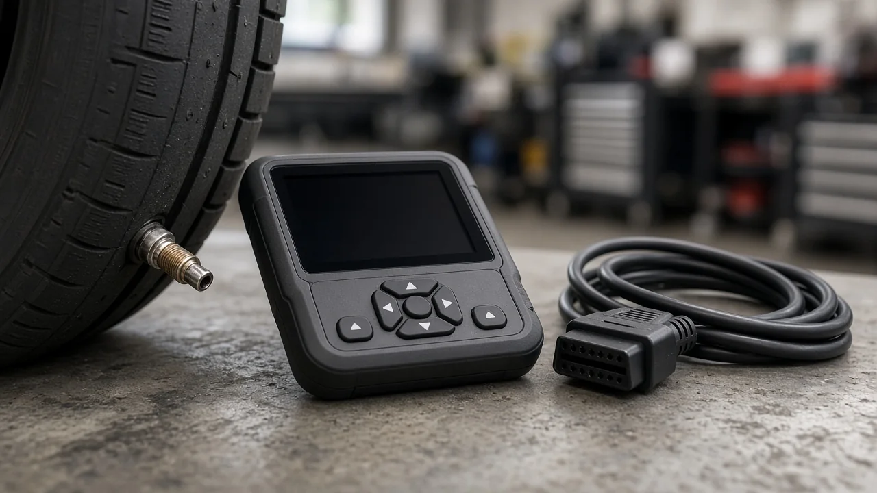 Handheld TPMS tool held next to a car tire valve stem with an OBD cable on a workshop bench