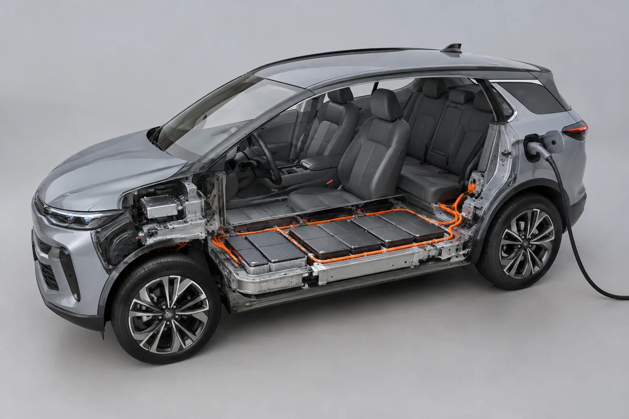 Illustrated EV battery cutaway showing cells, modules, cooling plate and protective enclosure beneath the floor.