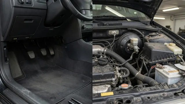 Brake pedal footwell and engine bay showing a vacuum brake booster, hose, and check valve