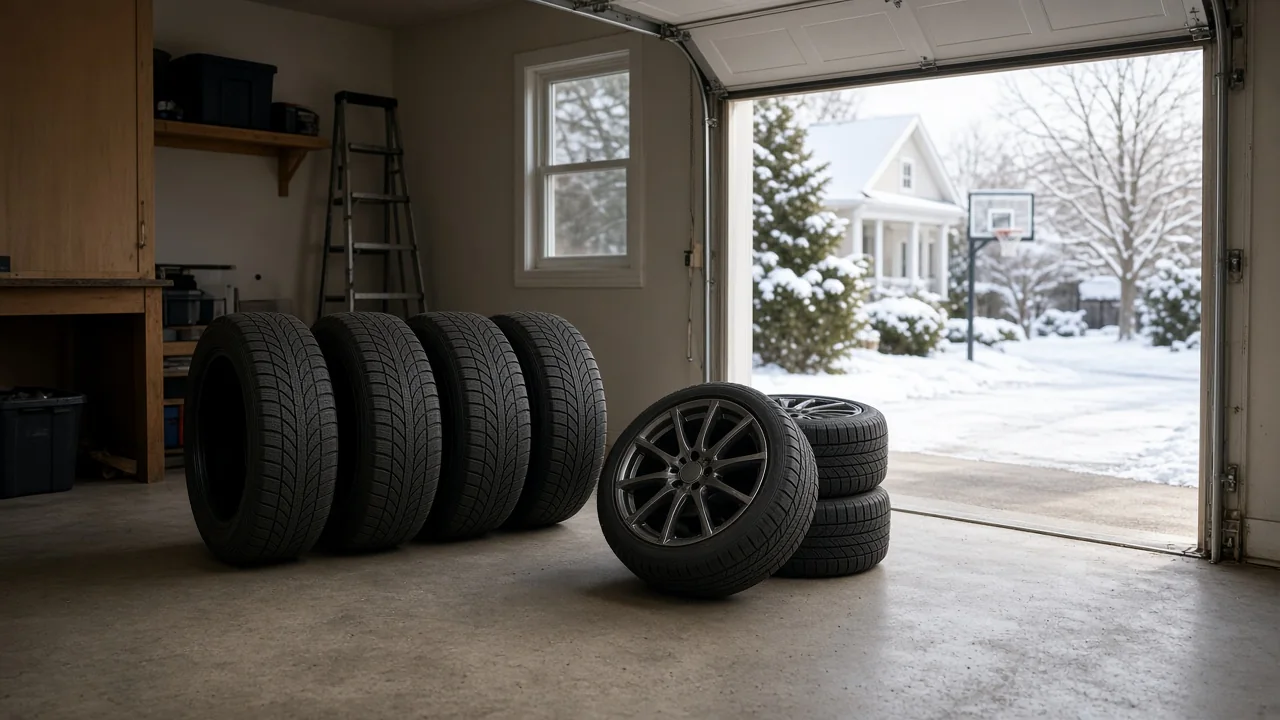 Four winter tires beside a separate wheel set in a garage with snow visible outside