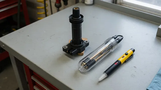 Ignition coil, enclosed spark tester, and noncontact ignition tester pen on a clean workbench