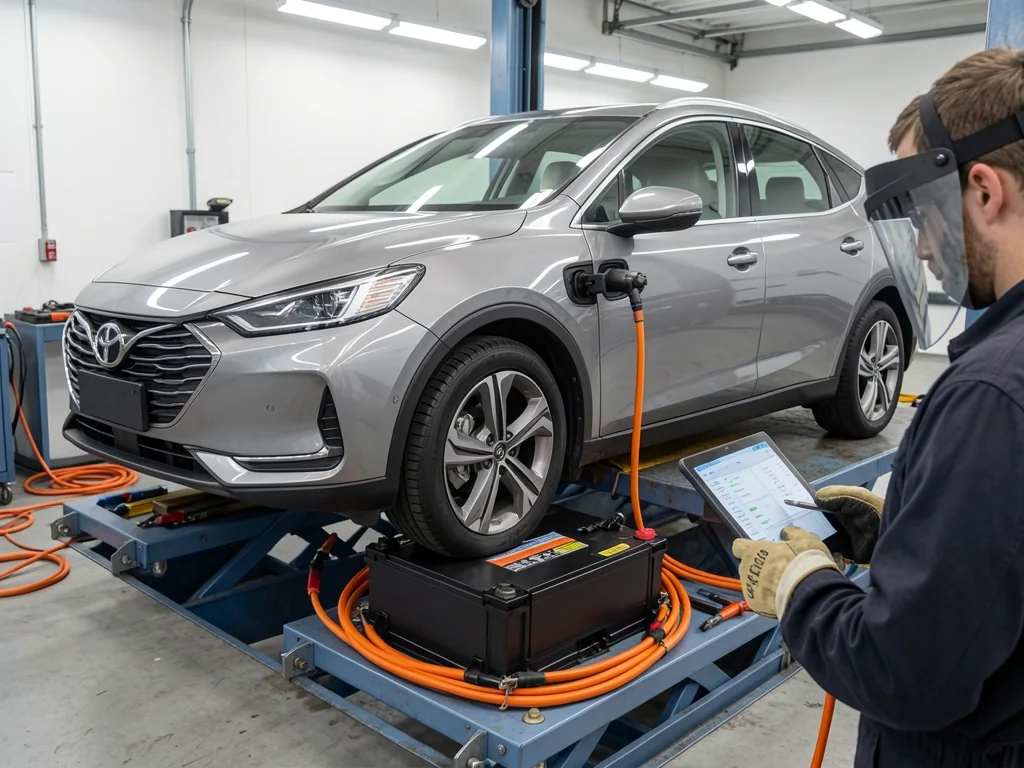 Technician in insulated gloves checking a plug-in hybrid's high-voltage battery pack on a lift table in a service bay