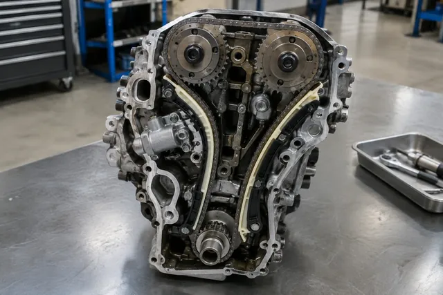 Illustration of an Audi 2.0T timing chain assembly with its tensioner and guide rails