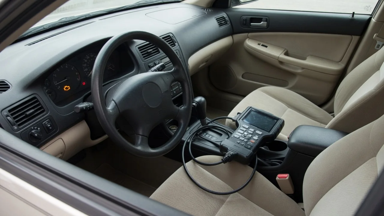 Diagnostic scanner beside a parked vehicle with its check engine light illuminated