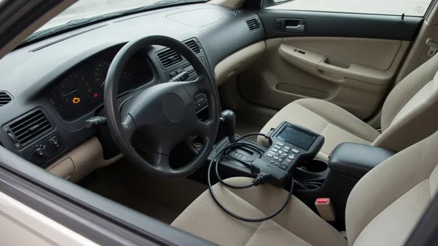 Diagnostic scanner beside a parked vehicle with its check engine light illuminated