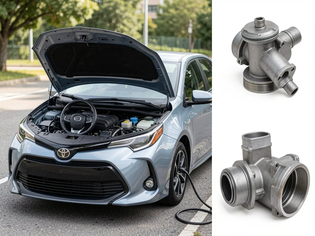 Illustration of a PCV valve and ventilation hose beside a Toyota Corolla engine bay