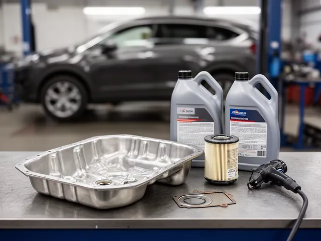 Transmission service parts arranged on a workshop bench, including a filter, pan gasket, and fluid bottles.