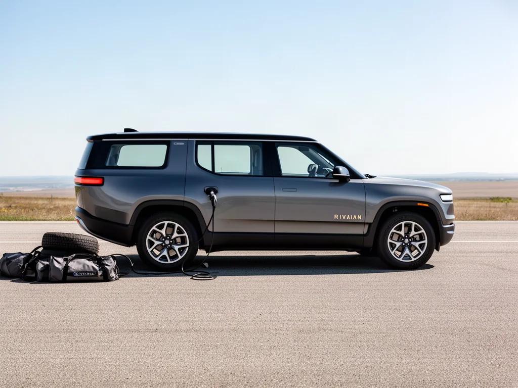 Parked Rivian on a paved turnout with a spare tire and closed roadside equipment bag nearby