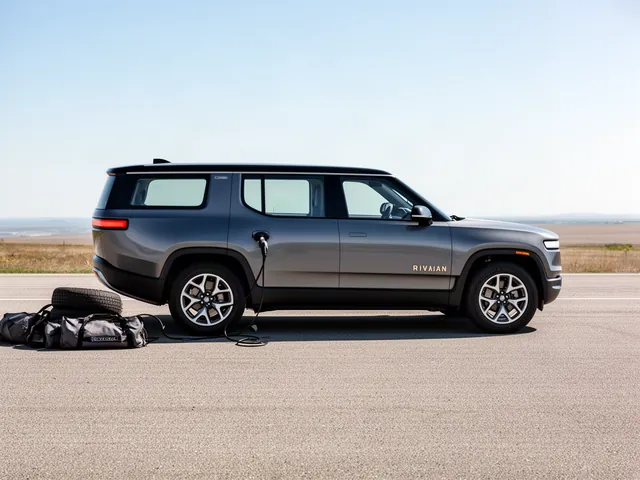 Parked Rivian on a paved turnout with a spare tire and closed roadside equipment bag nearby