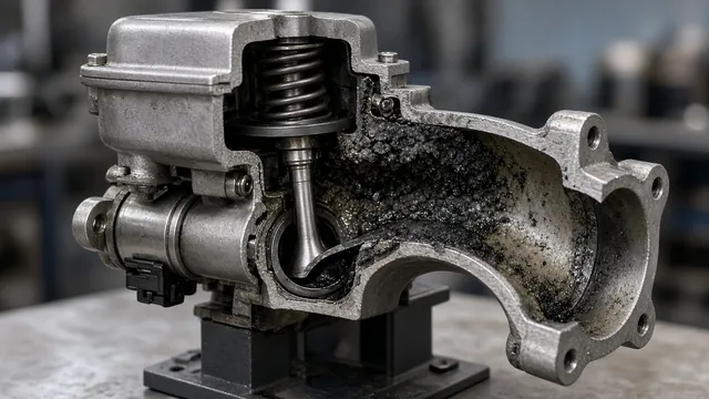 EGR valve and intake passage with carbon deposits visible around the valve seat