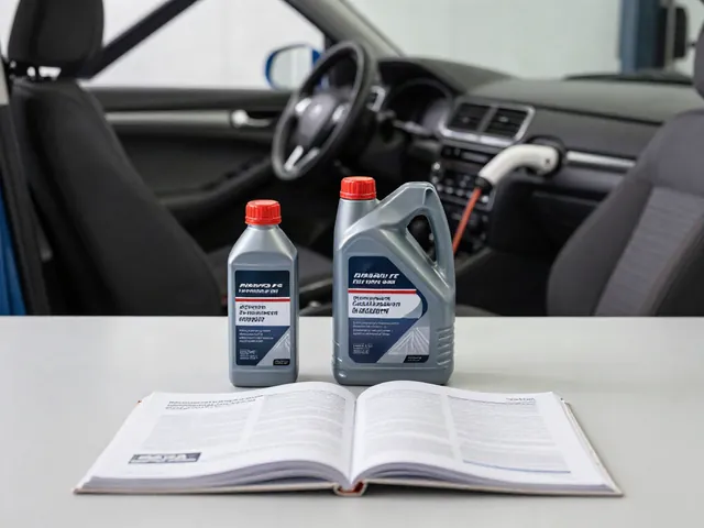 Unbranded transmission additive bottle beside transmission fluid and a vehicle owner's manual