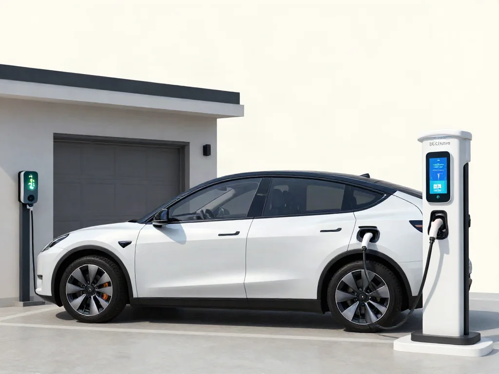 Electric car charging at a home garage charger on one side and at a public fast-charging station with a payment card on the other