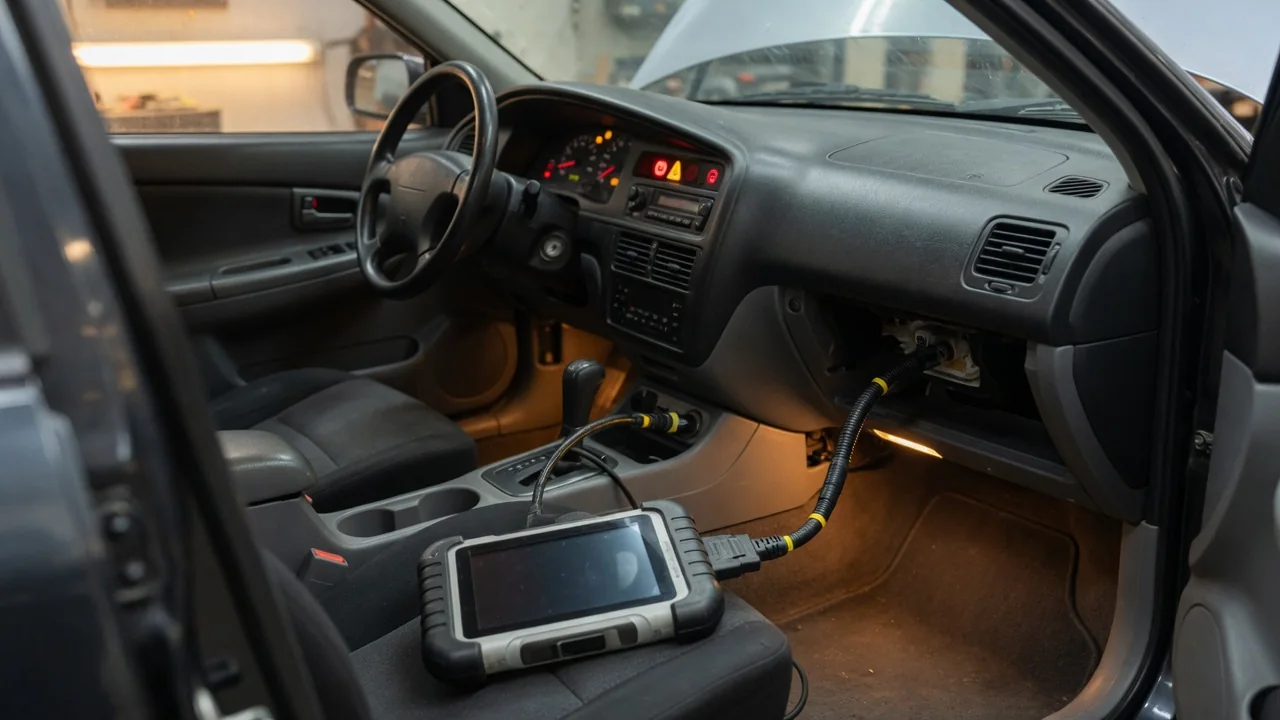 Vehicle dashboard with electrical warning indicators and a diagnostic scanner connected beneath the dash