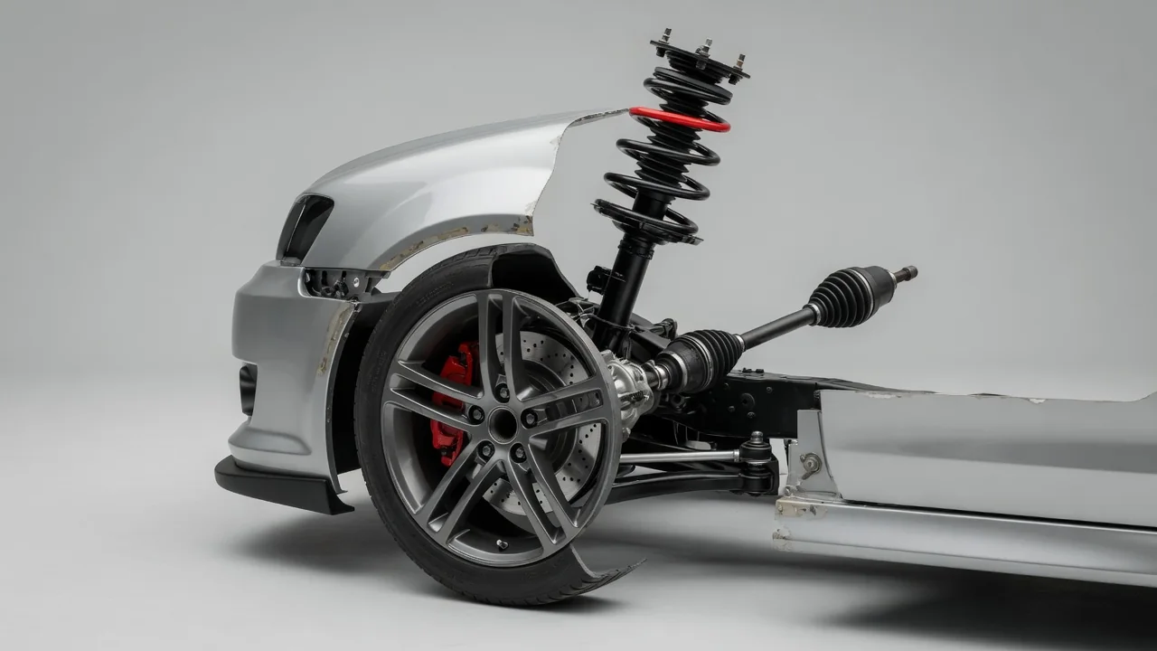 Illustration of a car’s front wheel, CV joint, steering linkage, brake rotor, and strut