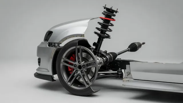 Illustration of a car’s front wheel, CV joint, steering linkage, brake rotor, and strut