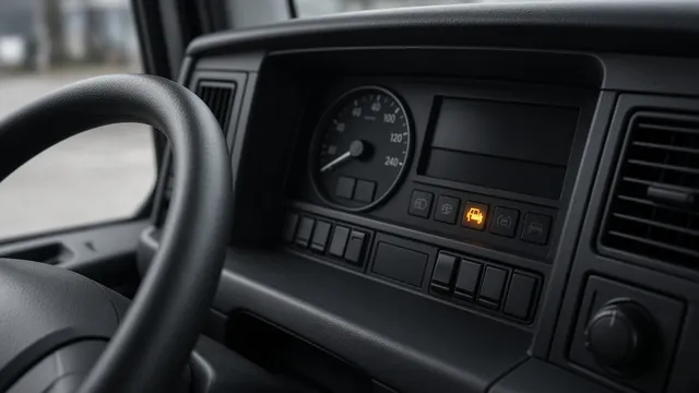 Illuminated tractor ABS warning indicator on a parked semi truck dashboard