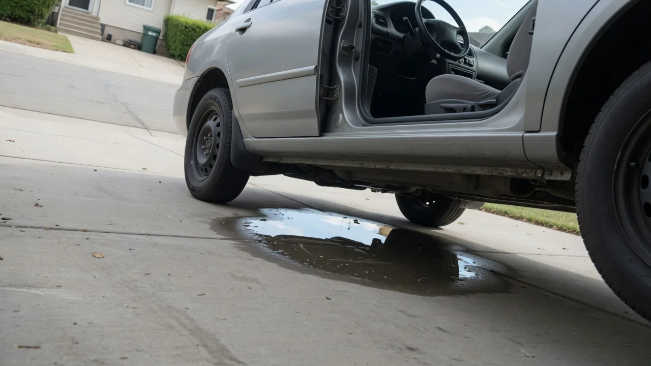 Small clear puddle beneath a parked car on a dry driveway, with the passenger side visible.
