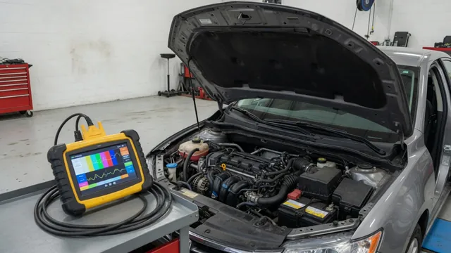 Diagnostic scanner beside an open engine bay during a P1349 trouble code inspection