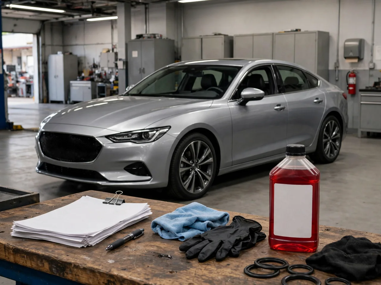 Mercedes-Benz transmission fluid service setup with an unbranded ATF bottle and maintenance records