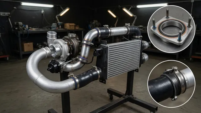 Turbo intake and charge-air plumbing showing hoses, an intercooler, couplers and gasket locations