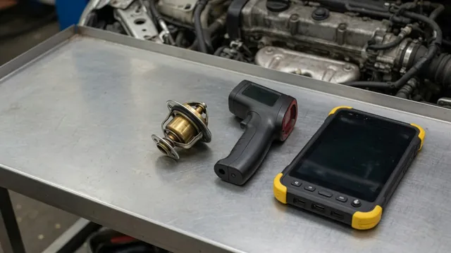 Car thermostat beside a diagnostic scan tool and infrared thermometer on a clean workshop bench