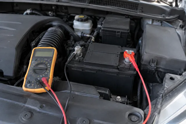 Digital multimeter connected to a car battery for a resting voltage check with the engine off