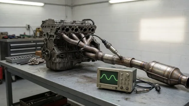 Diagram locating bank 1 sensor 1 ahead of the catalytic converter with an oxygen sensor signal inset