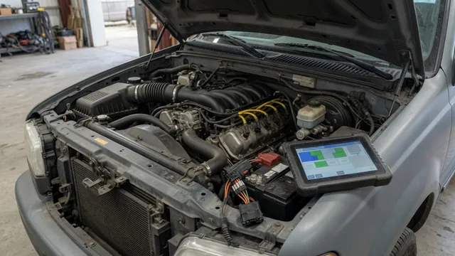 Diesel engine bay with an OBD-II scan tool on the fender, showing how an engine shutoff solenoid circuit code like P0215 is read