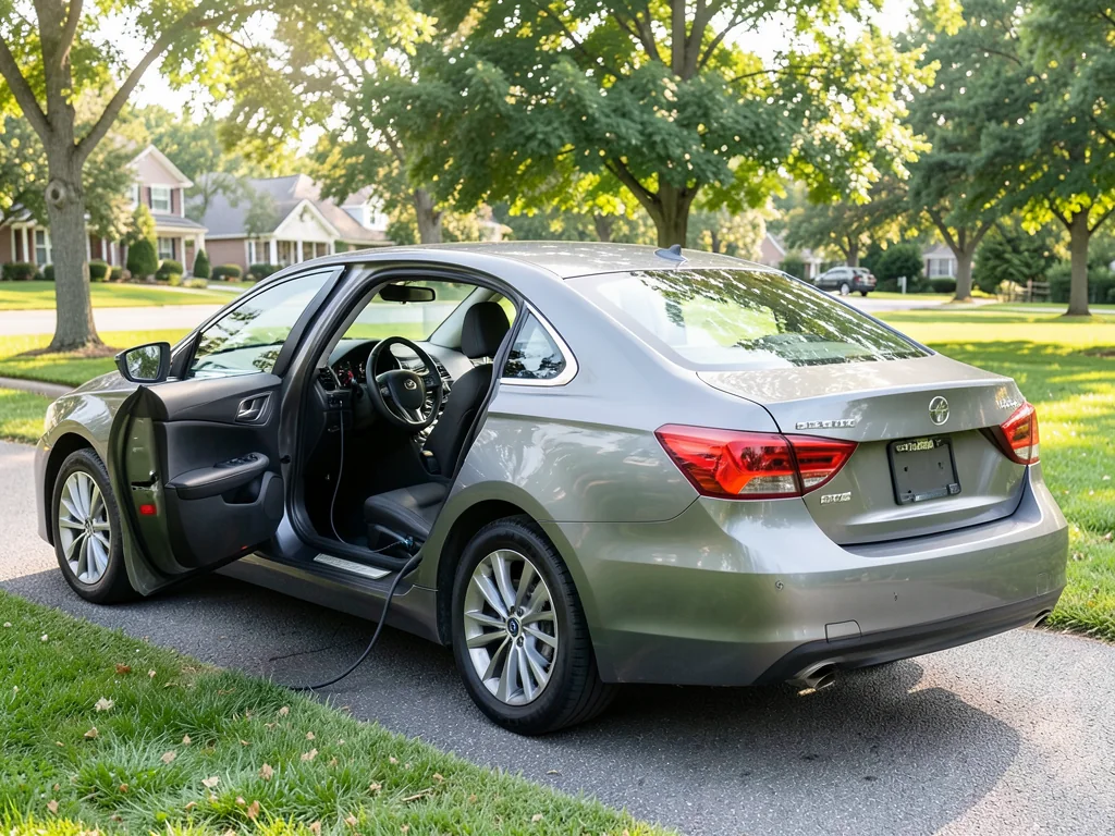 Roomy sedan parked beside a suburban park, with its rear seating area visible through an open door