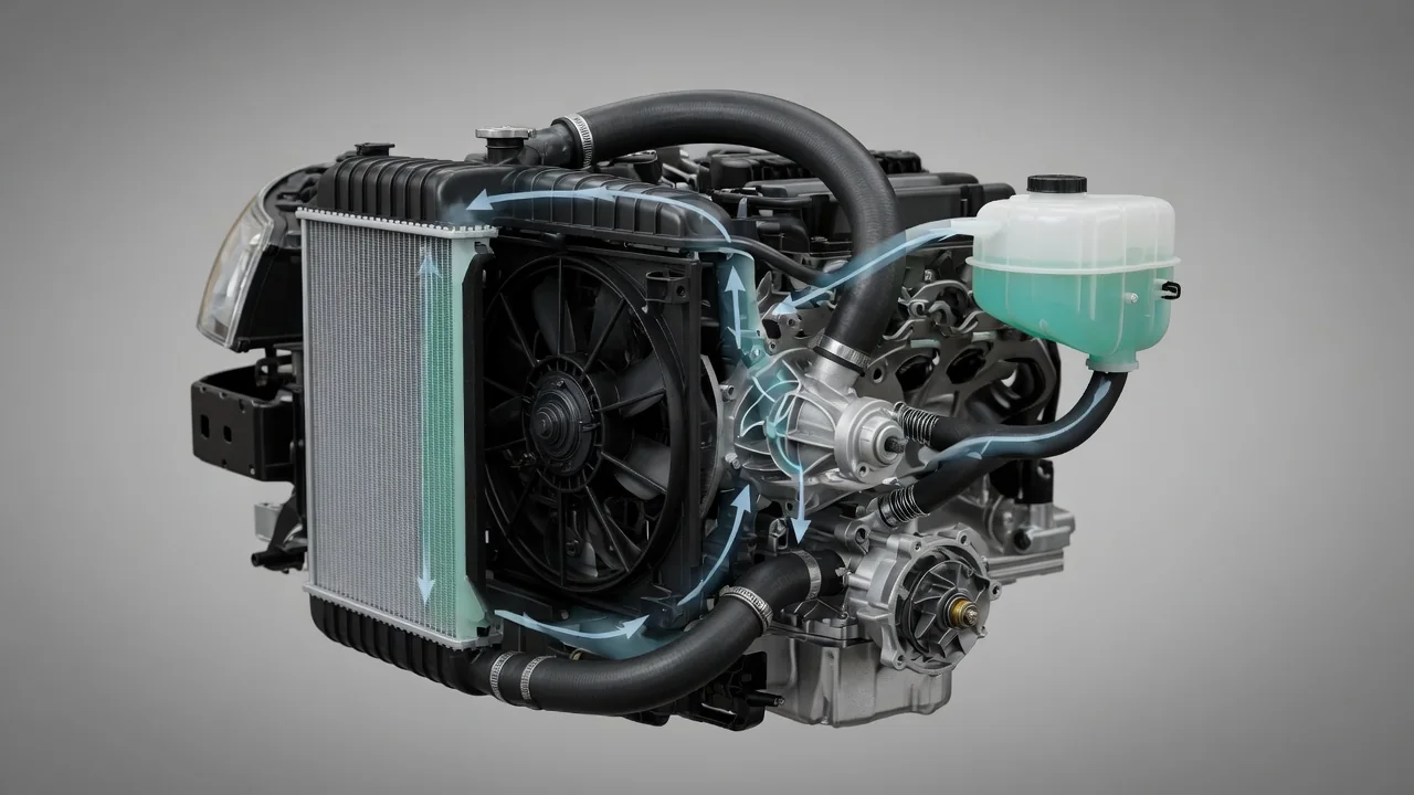 Labeled illustration of an engine cooling system showing the radiator, coolant reservoir, thermostat, water pump, and fan.