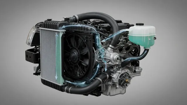 Labeled illustration of an engine cooling system showing the radiator, coolant reservoir, thermostat, water pump, and fan.
