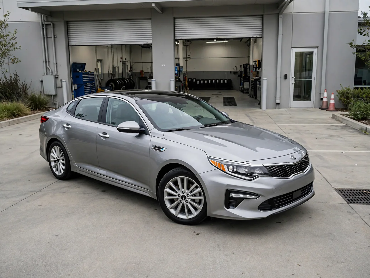 Kia Optima Hybrid parked outside an automotive service bay for a battery assessment