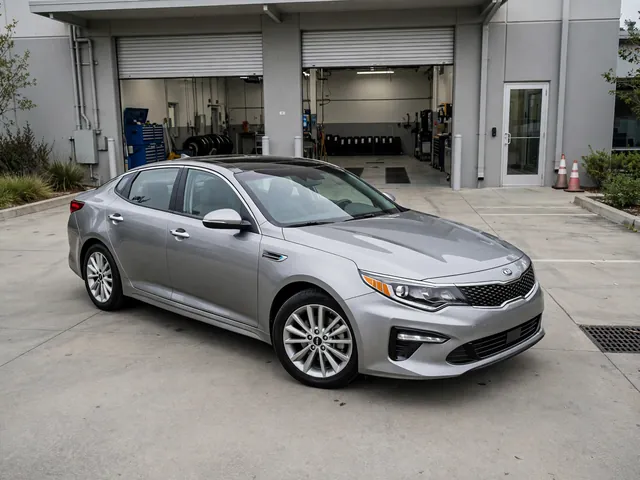 Kia Optima Hybrid parked outside an automotive service bay for a battery assessment
