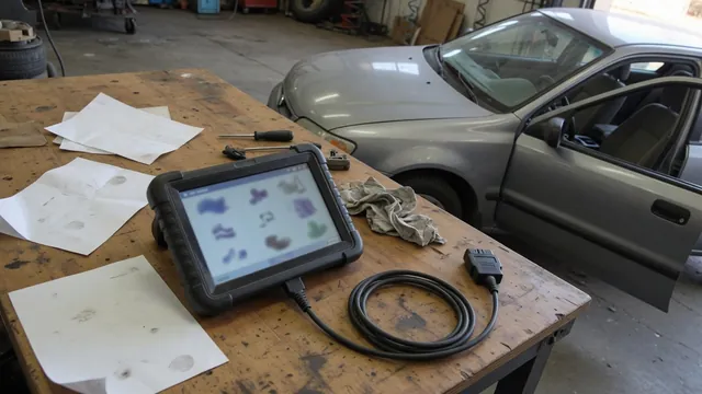 Diagnostic scanner showing P1128 beside a parked vehicle, with vehicle identification notes nearby