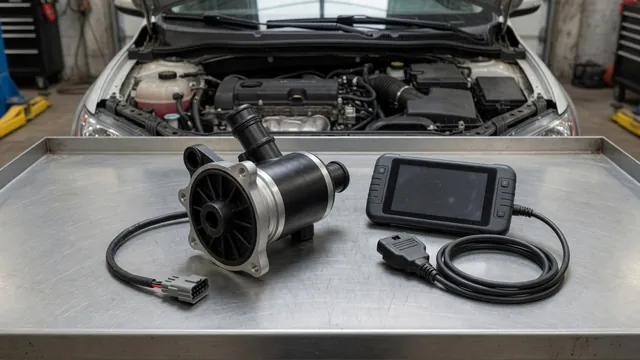 Illustration of an electric coolant pump, wiring connector, and automotive diagnostic scanner