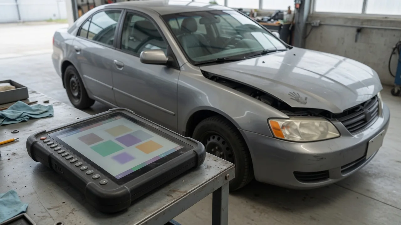 Diagnostic scanner displaying P1148 beside a vehicle with its hood open in a repair shop