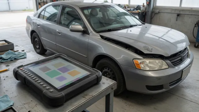 Diagnostic scanner displaying P1148 beside a vehicle with its hood open in a repair shop
