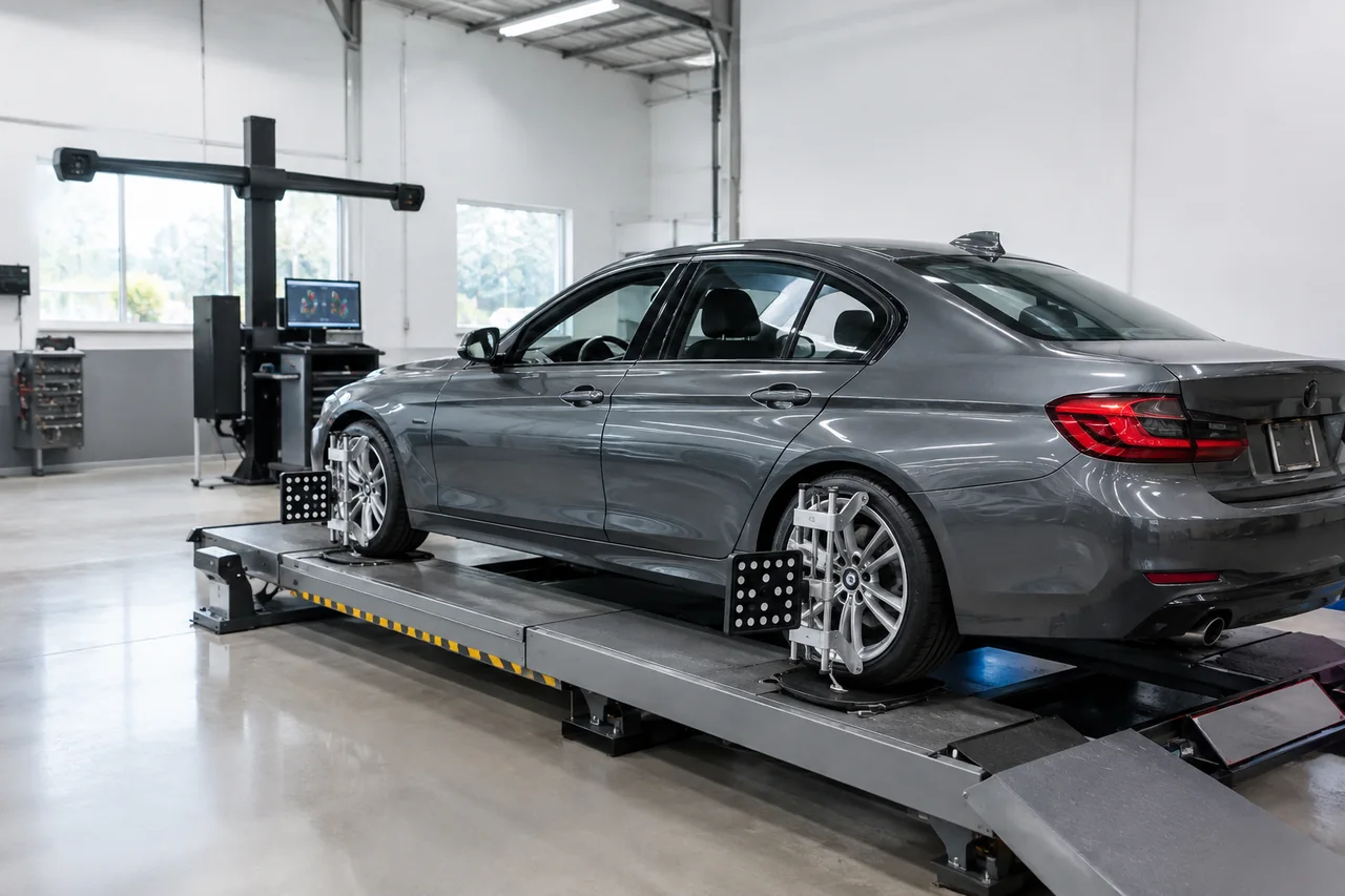 Car on an alignment rack with measuring targets attached to its wheels in an automotive service bay