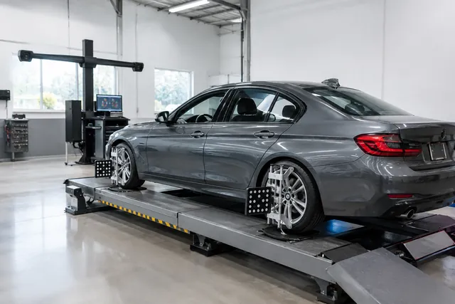 Car on an alignment rack with measuring targets attached to its wheels in an automotive service bay
