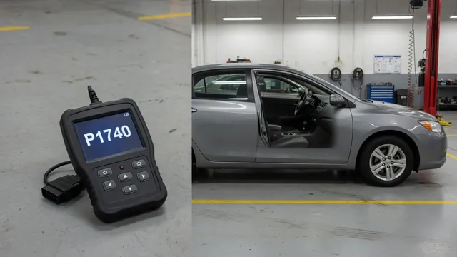 Diagnostic scan tool displaying P1740 beside a vehicle in a service bay