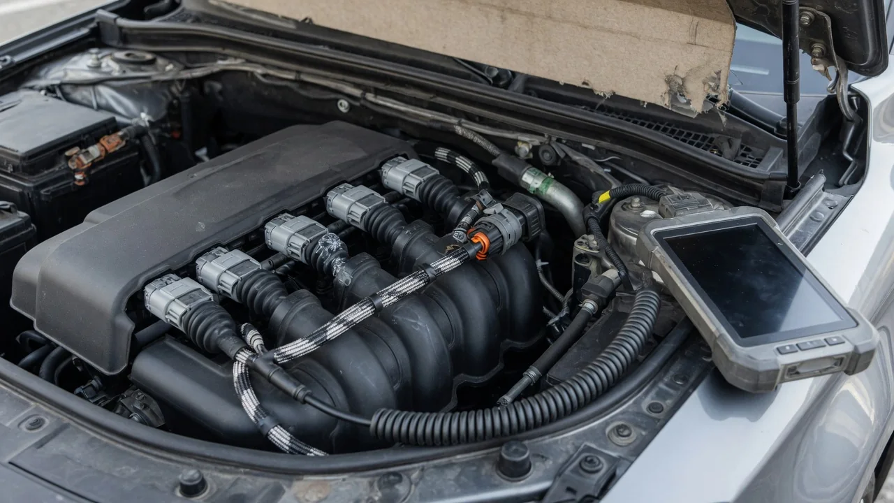 Engine injector connectors and wiring harness with a diagnostic scan tool nearby
