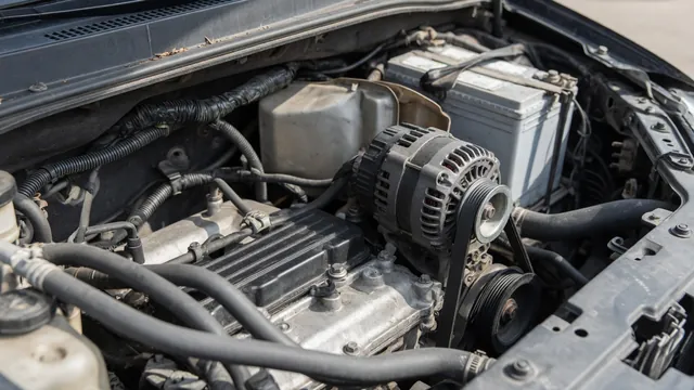 Alternator and serpentine belt visible in a parked vehicle’s engine bay with the engine off