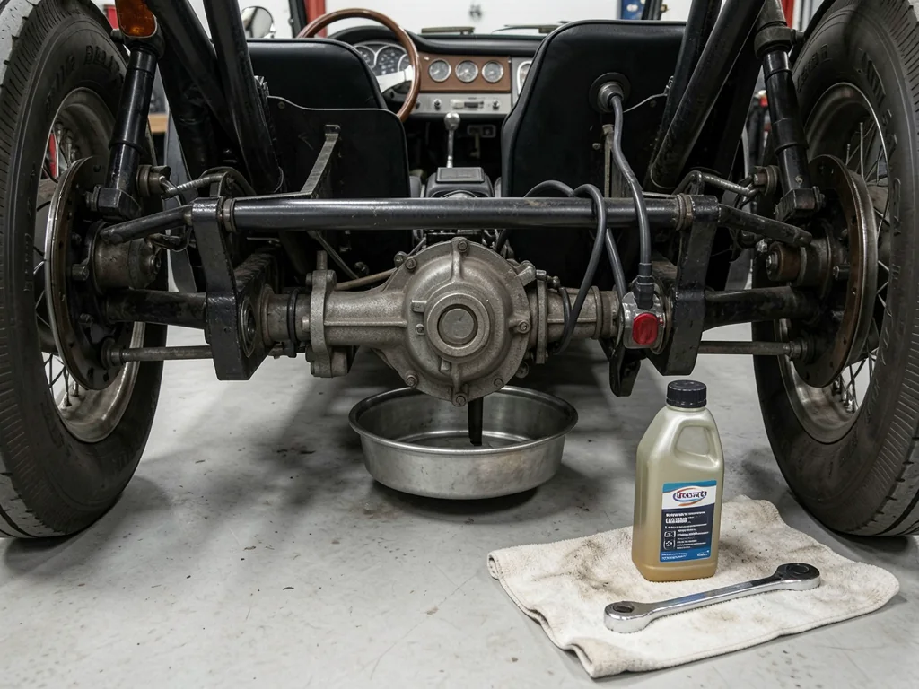 Rear differential of a Honda S2000 roadster in a garage, with a gear oil bottle and drain pan set up for a fluid change