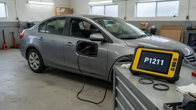 Diagnostic scanner displaying P1211 beside a parked vehicle in an automotive workshop