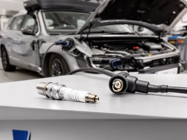 Ignition coil and spark plug on a workbench beside an engine with the ignition switched off
